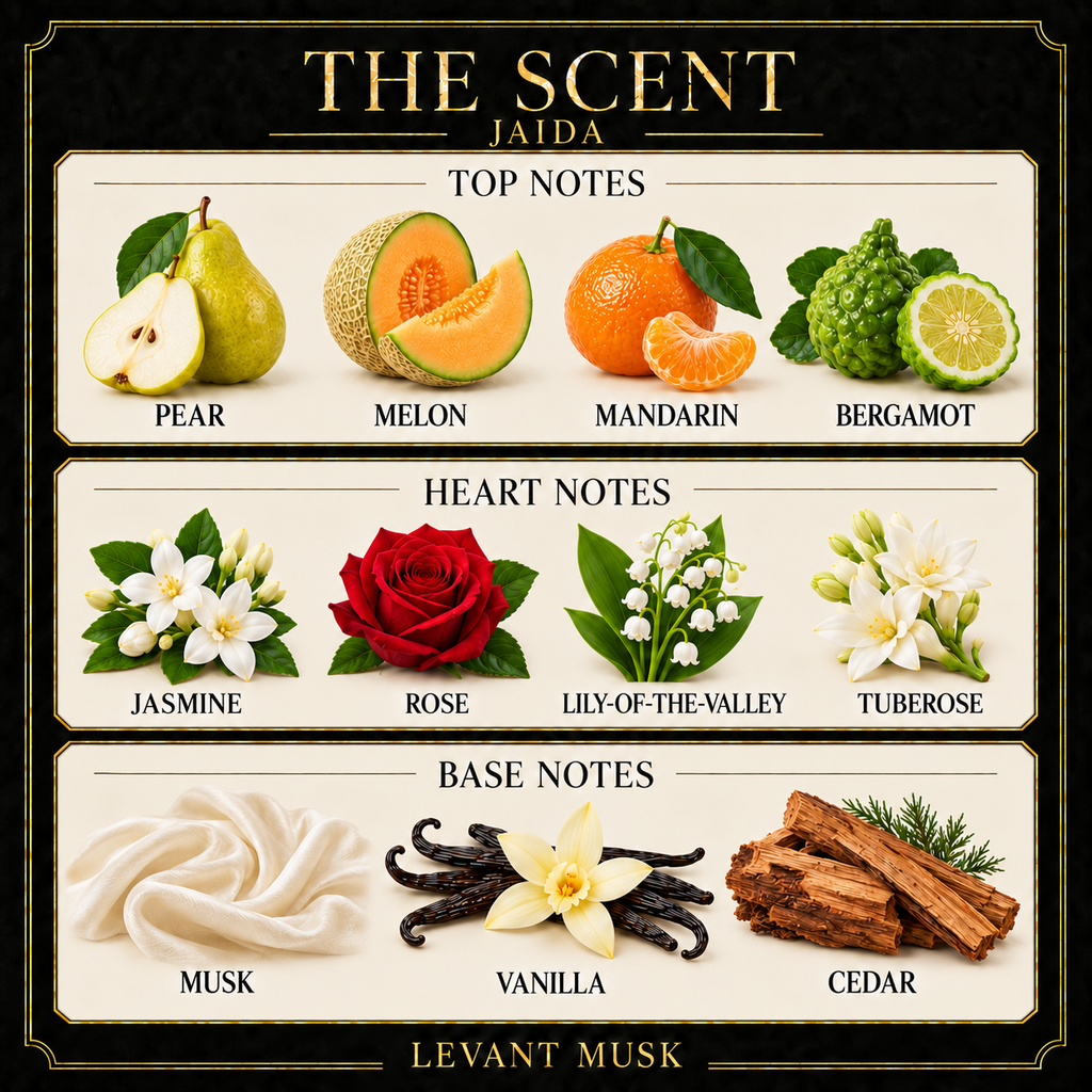 JAIDA scent notes. Top: Pear; melon; mandarin; bergamot. Heart: Jasmine; rose; lily-of-the-valley; tuberose. Base: Musk; vanilla; cedar.