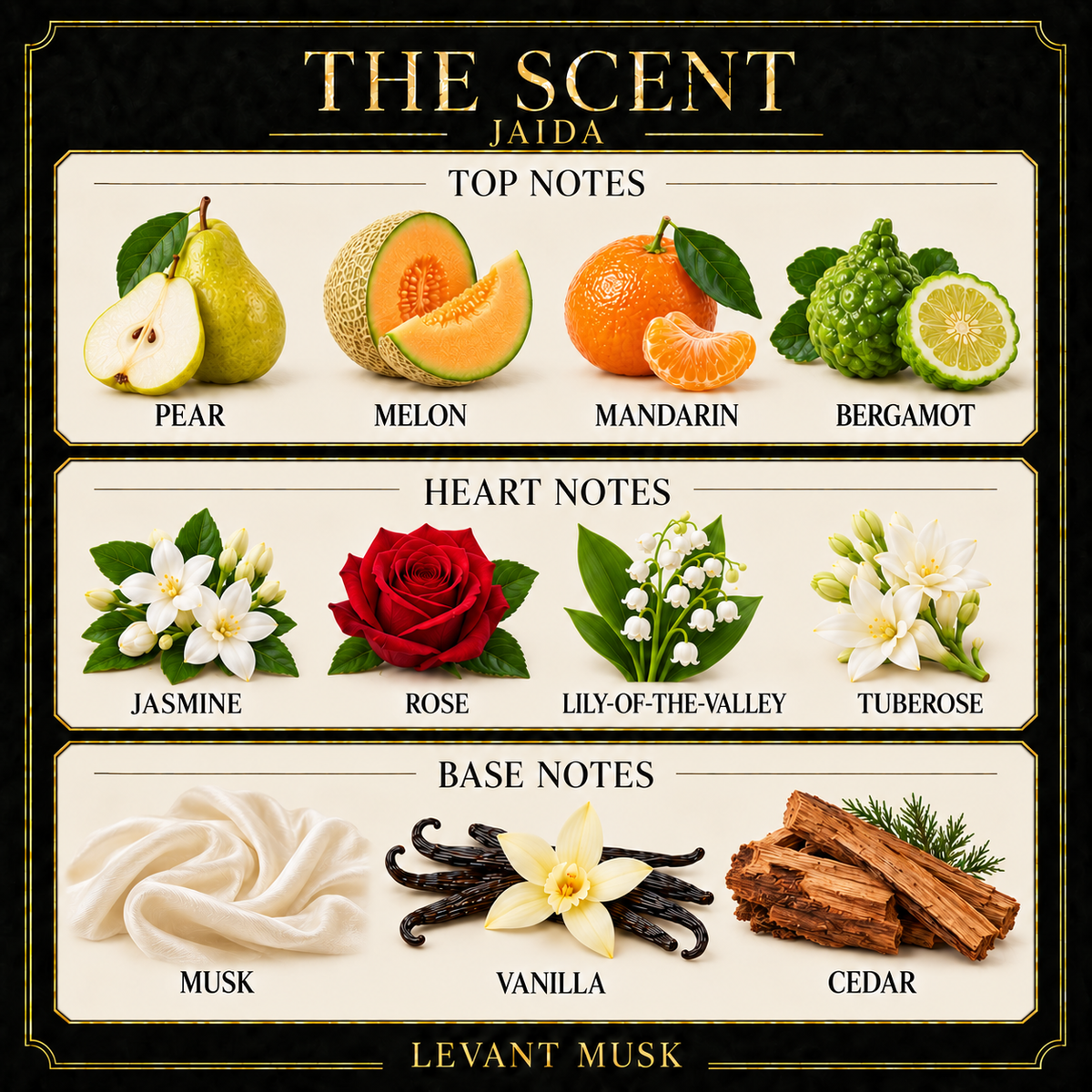 JAIDA scent notes. Top: Pear; melon; mandarin; bergamot. Heart: Jasmine; rose; lily-of-the-valley; tuberose. Base: Musk; vanilla; cedar.