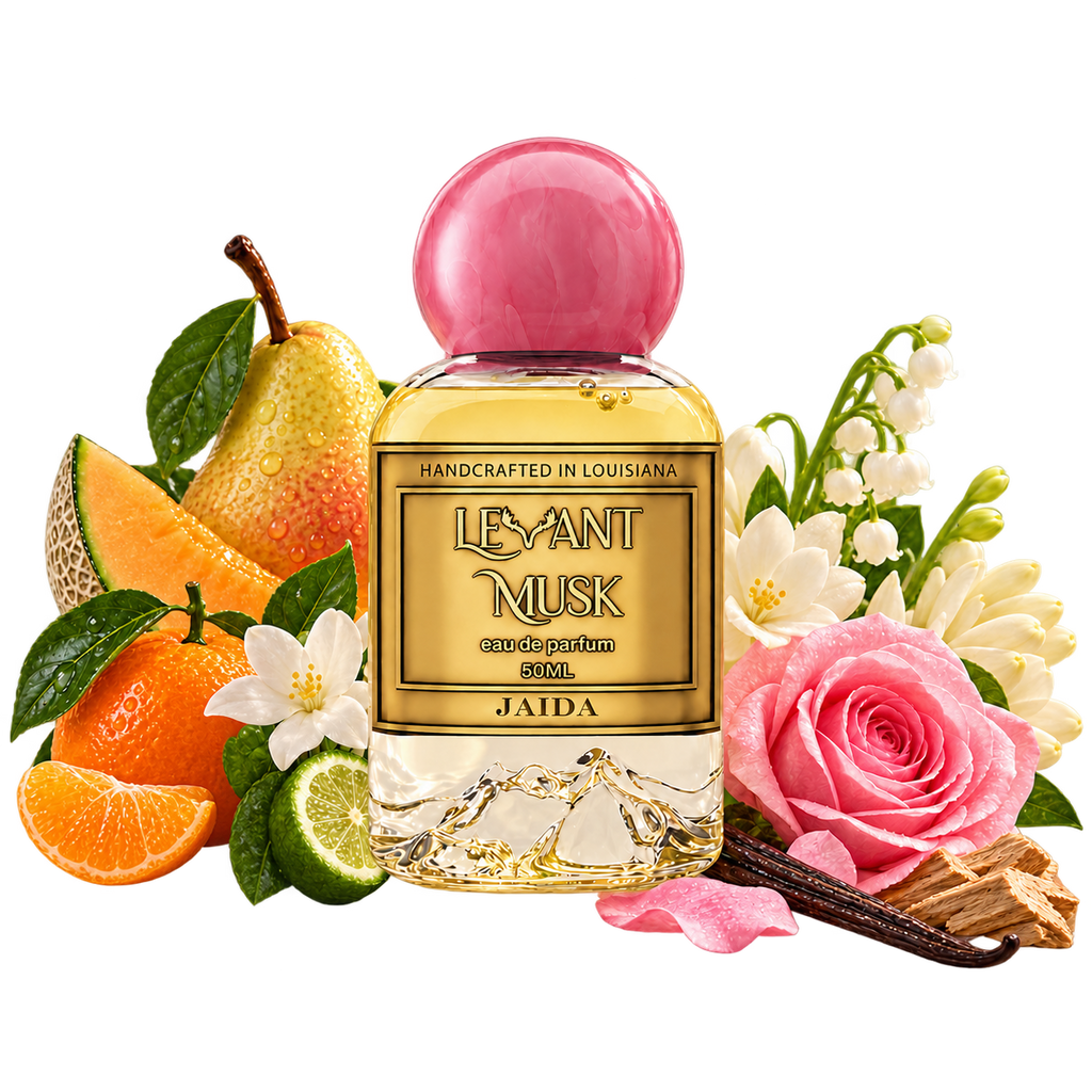 JAIDA by Levant Musk perfume bottle with aligned scent illustrations on a transparent background.
