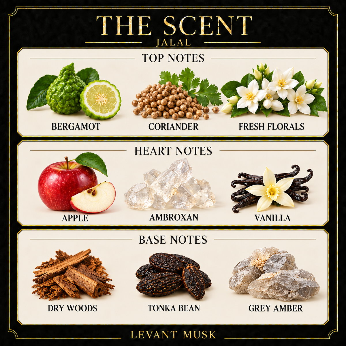 JALAL by Levant Musk note card. Top: bergamot, coriander, fresh florals. Heart: apple, ambroxan, vanilla. Base: dry woods, tonka bean, grey amber.