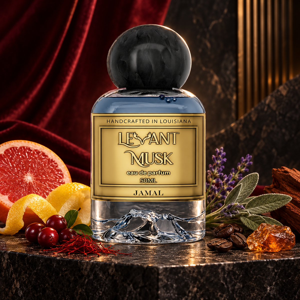 Levant Musk Jamal perfume bottle styled with notes of grapefruit, saffron, and coffee.
