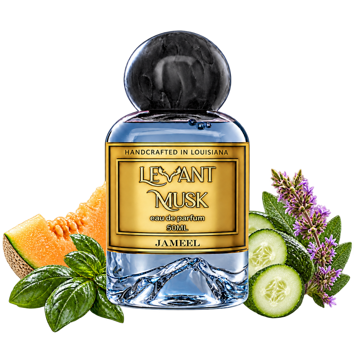 JAMEEL by Levant Musk perfume bottle with aligned scent illustrations on a transparent background.