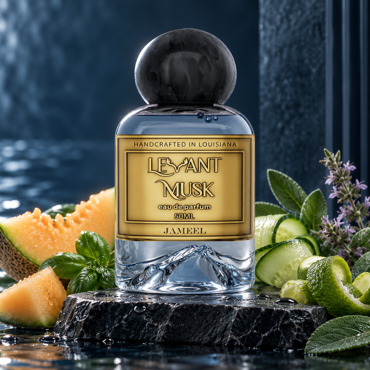 Levant Musk Jameel perfume bottle styled with notes of cantaloupe, aquatic accord, and suede.