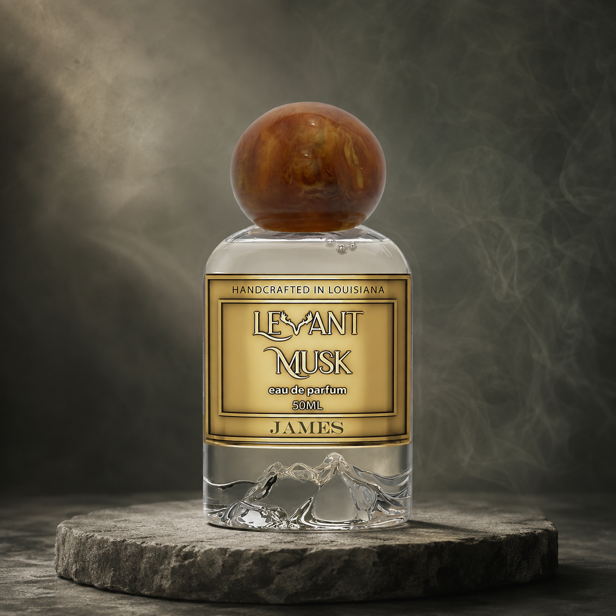 Levant Musk James perfume bottle styled with notes of bergamot, cedar, and sandalwood.