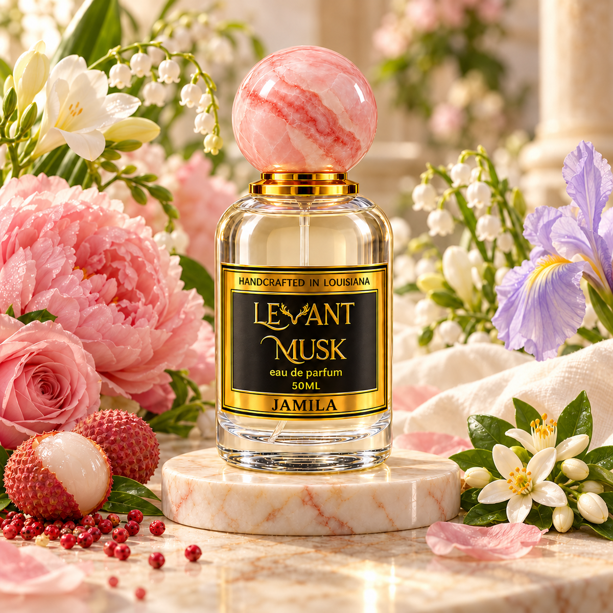 JAMILA by Levant Musk, hero. Top lily-of-the-valley, freesia, pink pepper; heart peony, rose, lychee; base musk, orange blossom, iris.