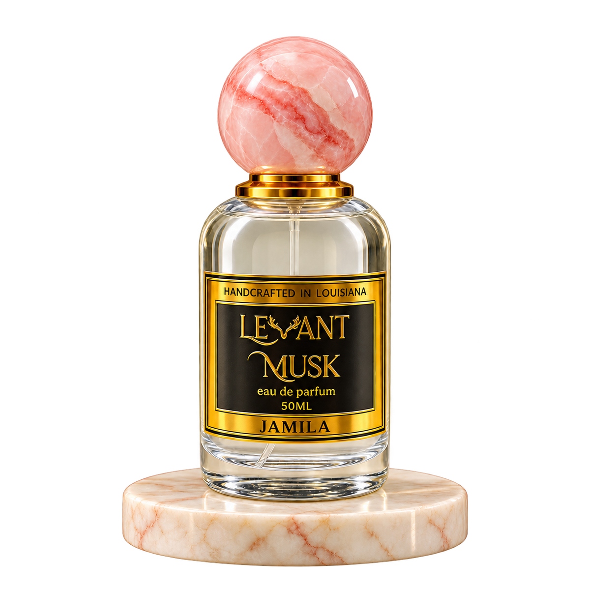 JAMILA by Levant Musk, 50 mL eau de parfum with a pink marble cap on a marble plinth, transparent background