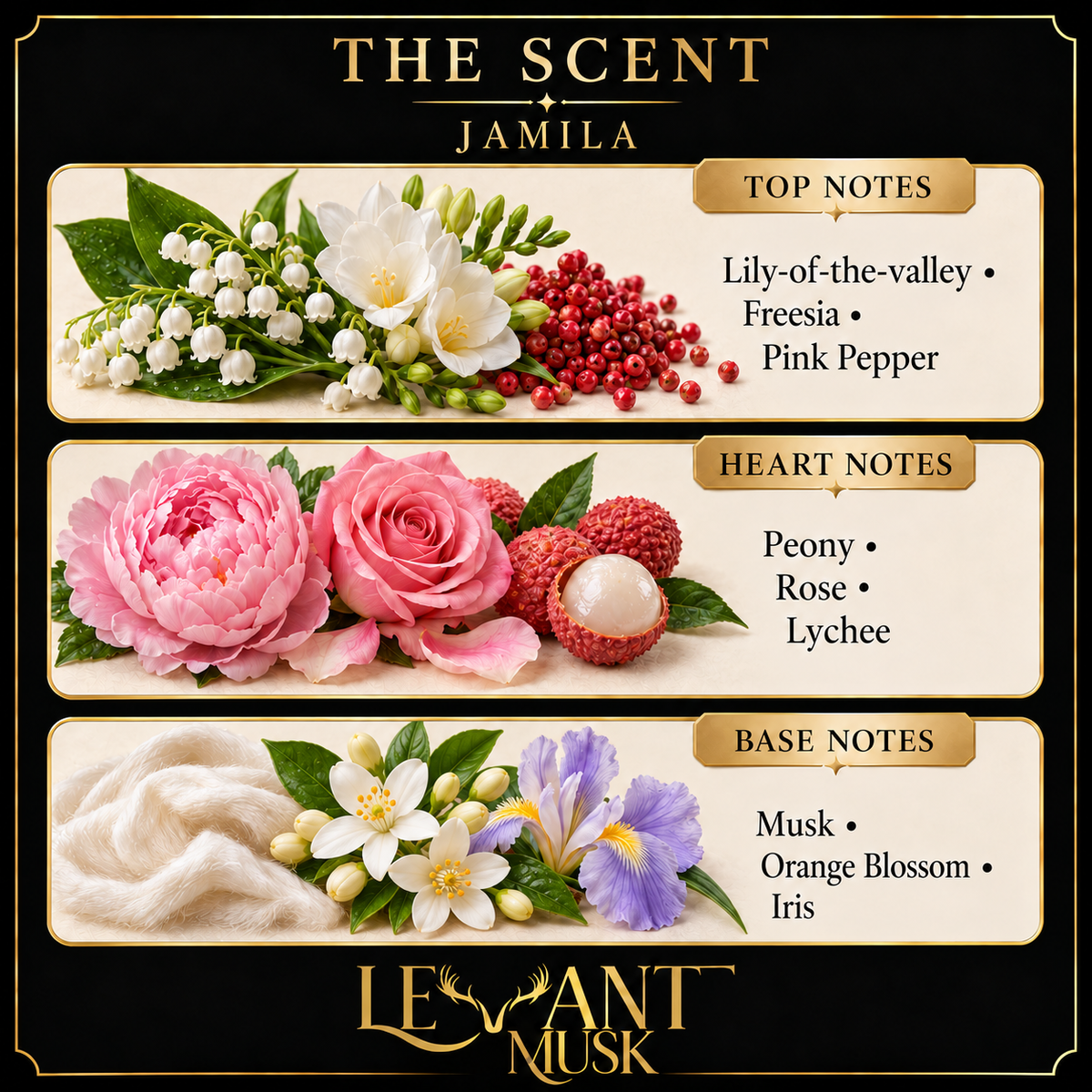 JAMILA by Levant Musk, scent notes card. Top lily-of-the-valley, freesia, pink pepper; heart peony, rose, lychee; base musk, orange blossom, iris.