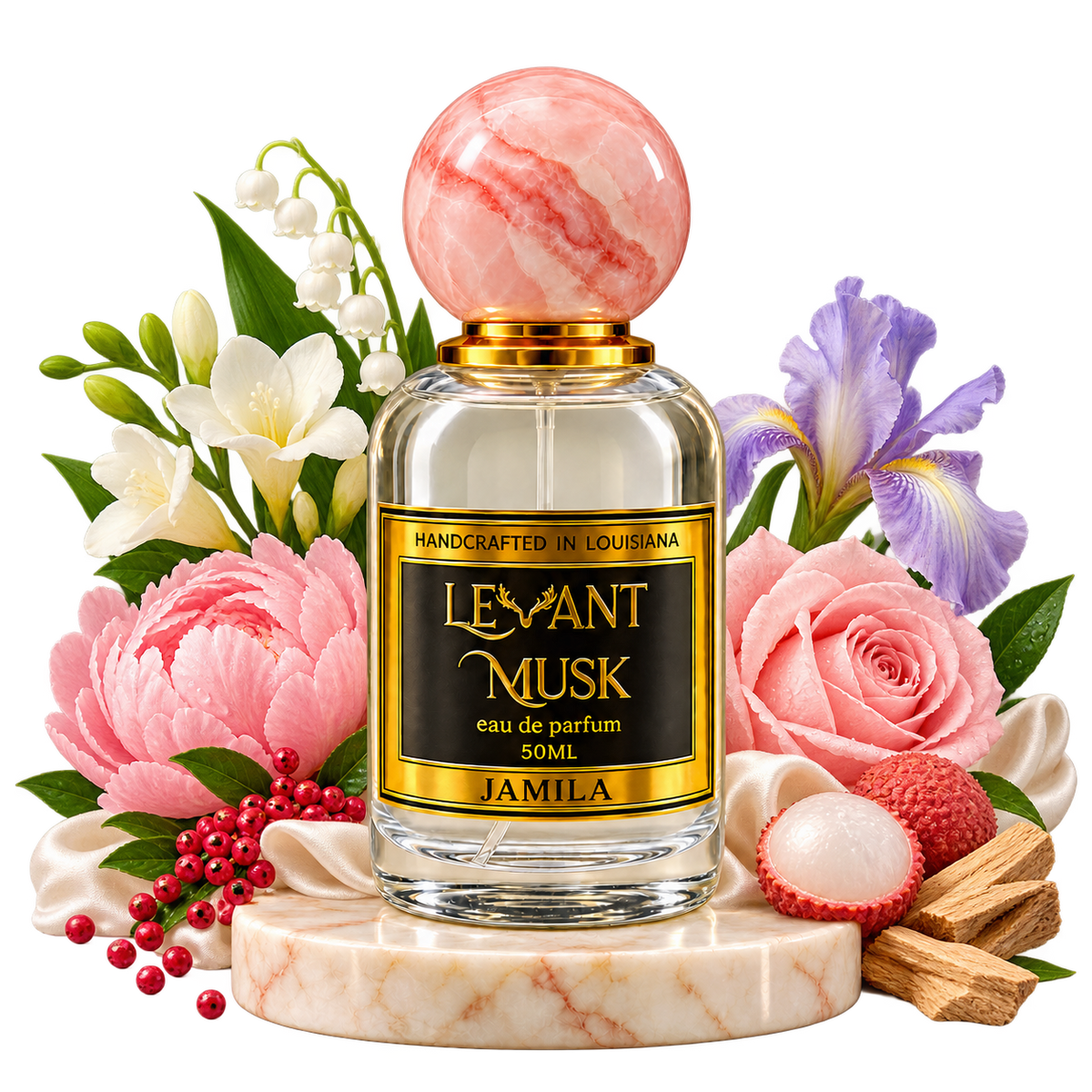JAMILA perfume with lily-of-the-valley, freesia, pink pepper, peony, rose, lychee, sandalwood and iris, with ivory fabric suggesting musk, transparent background