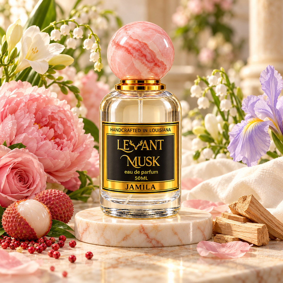 JAMILA by Levant Musk, pink marble cap perfume bottle grounded on marble among its floral, lychee and sandalwood notes