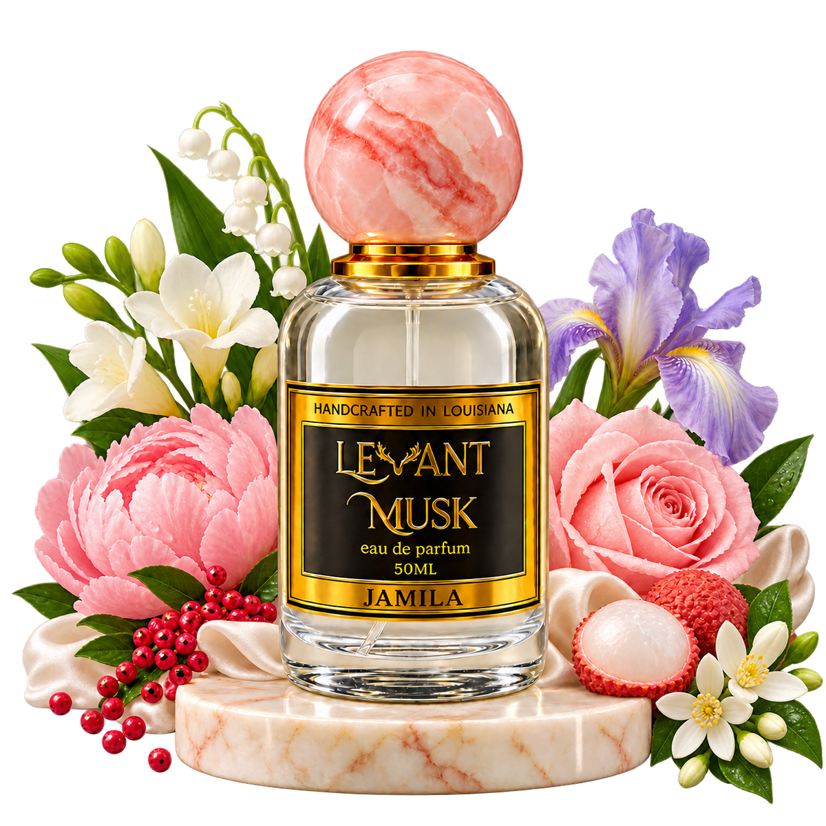 JAMILA by Levant Musk, bottle and notes, transparent background. Top lily-of-the-valley, freesia, pink pepper; heart peony, rose, lychee; base musk, orange blossom, iris.