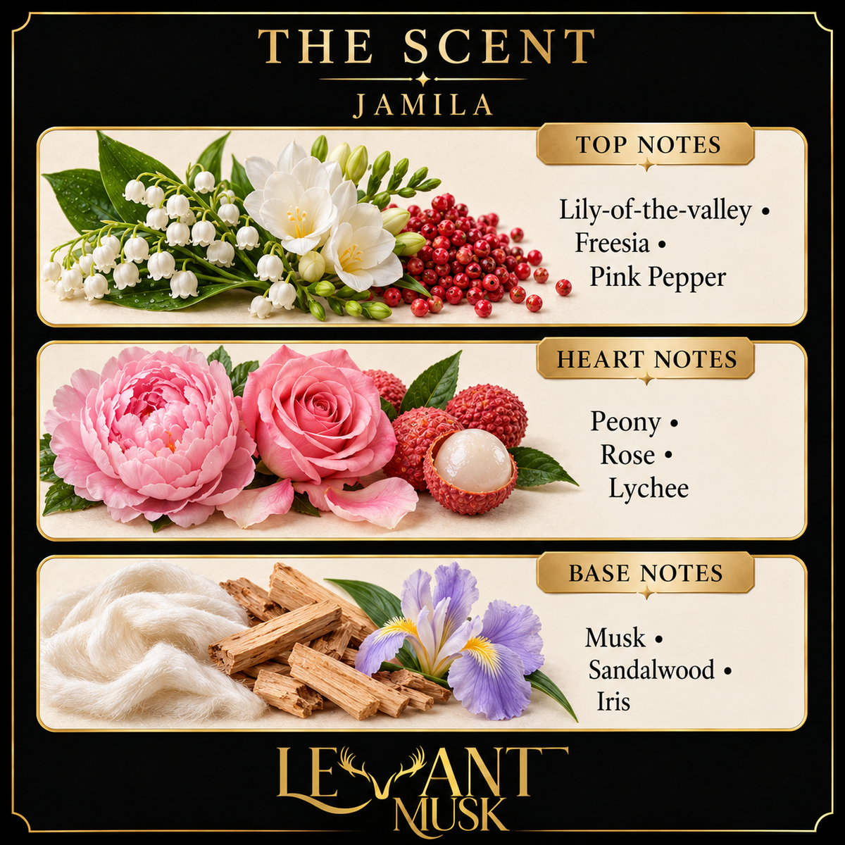 JAMILA scent notes: top lily-of-the-valley, freesia, pink pepper; heart peony, rose, lychee; base musk, sandalwood, iris