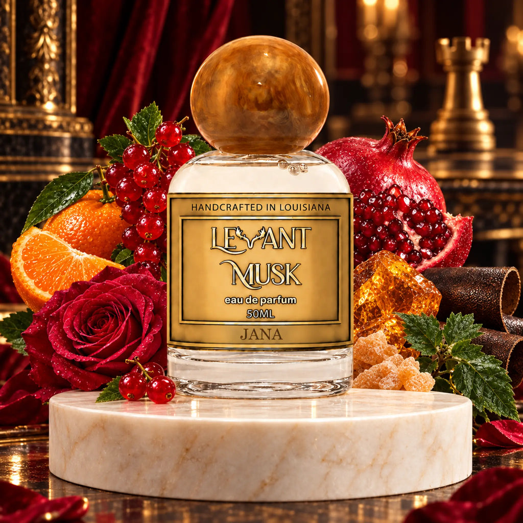A perfume bottle labeled  JANA by Levant Musk, set on a white marble pedestal with red roses, pomegranate, orange slices, red berries, and amber crystals in an ornate interior setting.