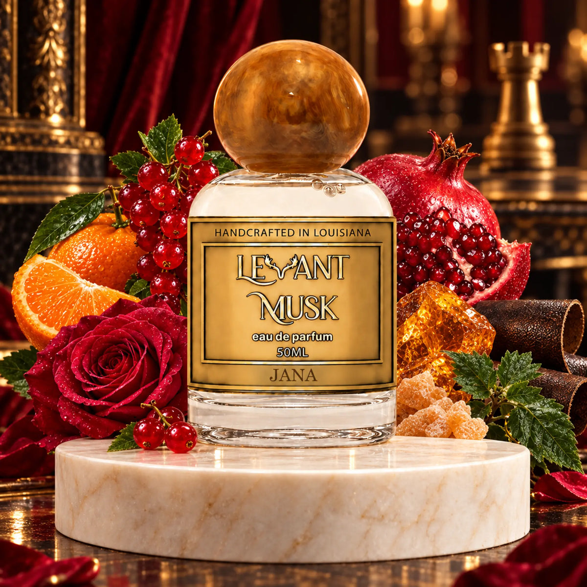 A perfume bottle labeled  JANA by Levant Musk, set on a white marble pedestal with red roses, pomegranate, orange slices, red berries, and amber crystals in an ornate interior setting.