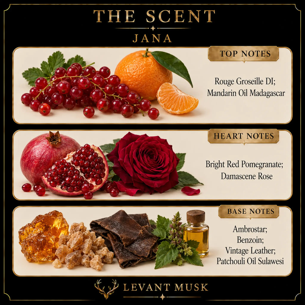 A branded scent note graphic for 'The Scent Jana' by Levant Musk, showing fruit and botanical imagery with labeled notes: top notes include rouge grosse di and mandarin oil madagascar; heart notes include bright red pomegranate and damascene rose; base notes include ambrosia, benzoin, vintage leather, and patchouli oil sulavesi.