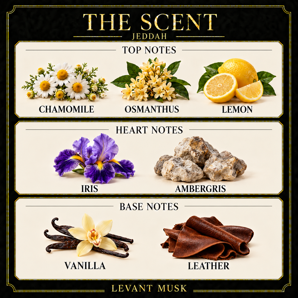 JEDDAH by Levant Musk, scent notes card. Top chamomile, osmanthus, lemon; heart iris, ambergris; base vanilla, leather