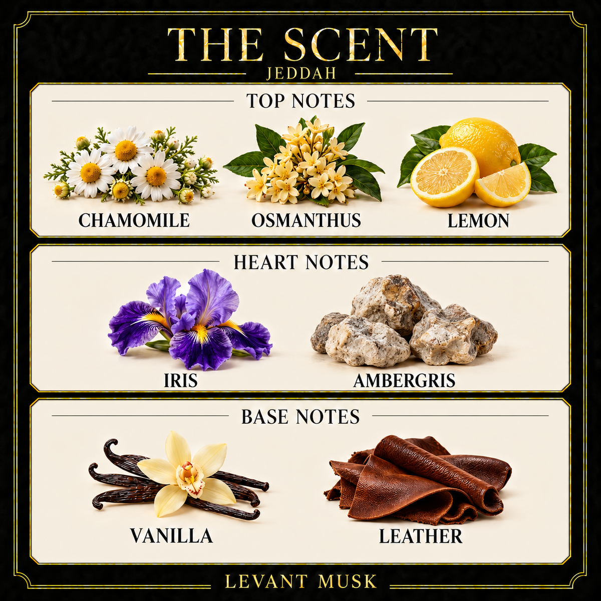 JEDDAH by Levant Musk, scent notes card. Top chamomile, osmanthus, lemon; heart iris, ambergris; base vanilla, leather