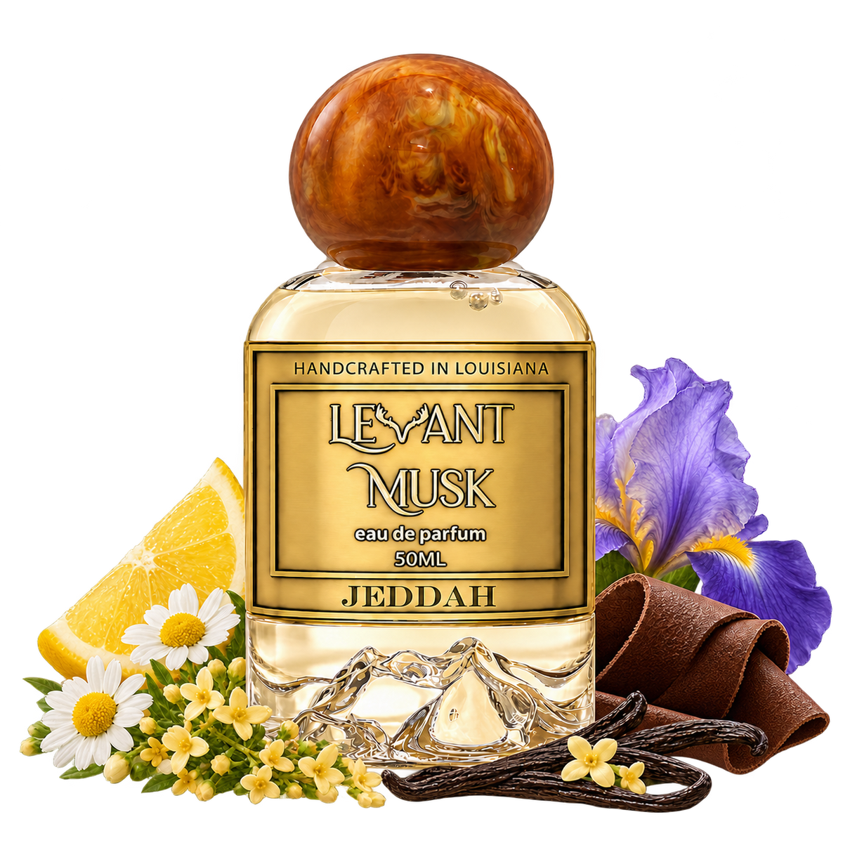 JEDDAH by Levant Musk, bottle and notes, transparent background. Top chamomile, osmanthus, lemon; heart iris, ambergris; base vanilla, leather