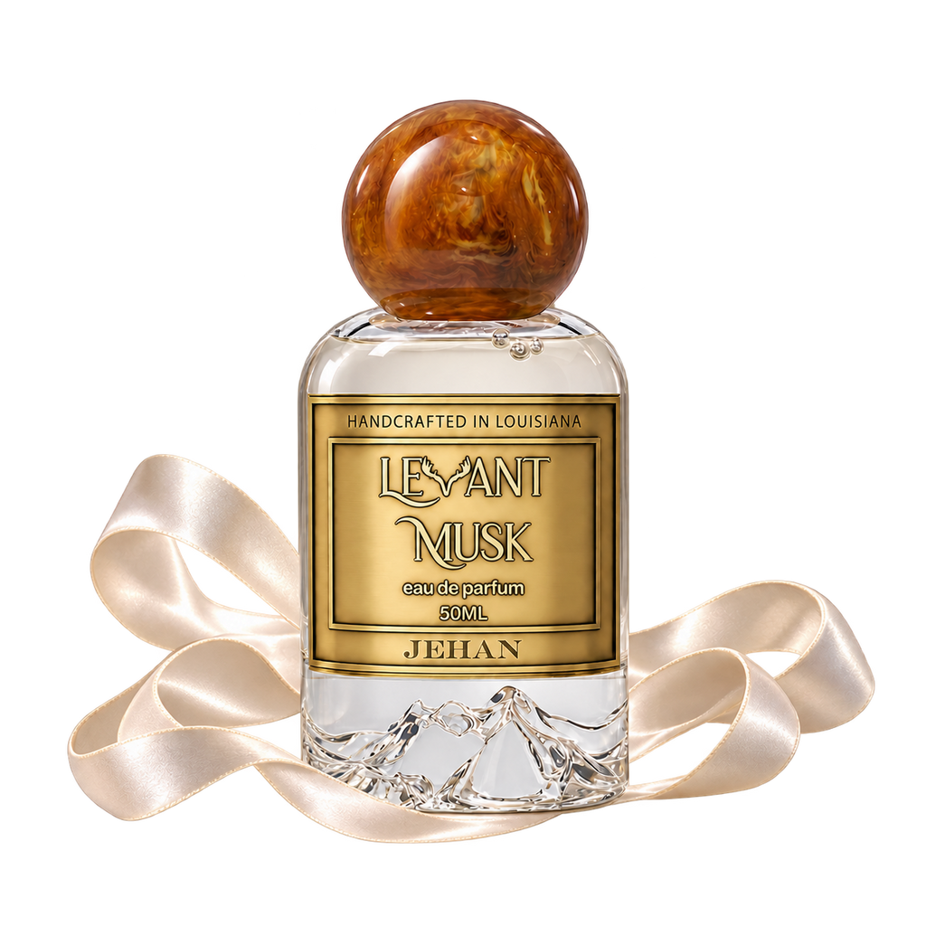 JEHAN by Levant Musk perfume bottle with a soft musk illustration on a transparent background.