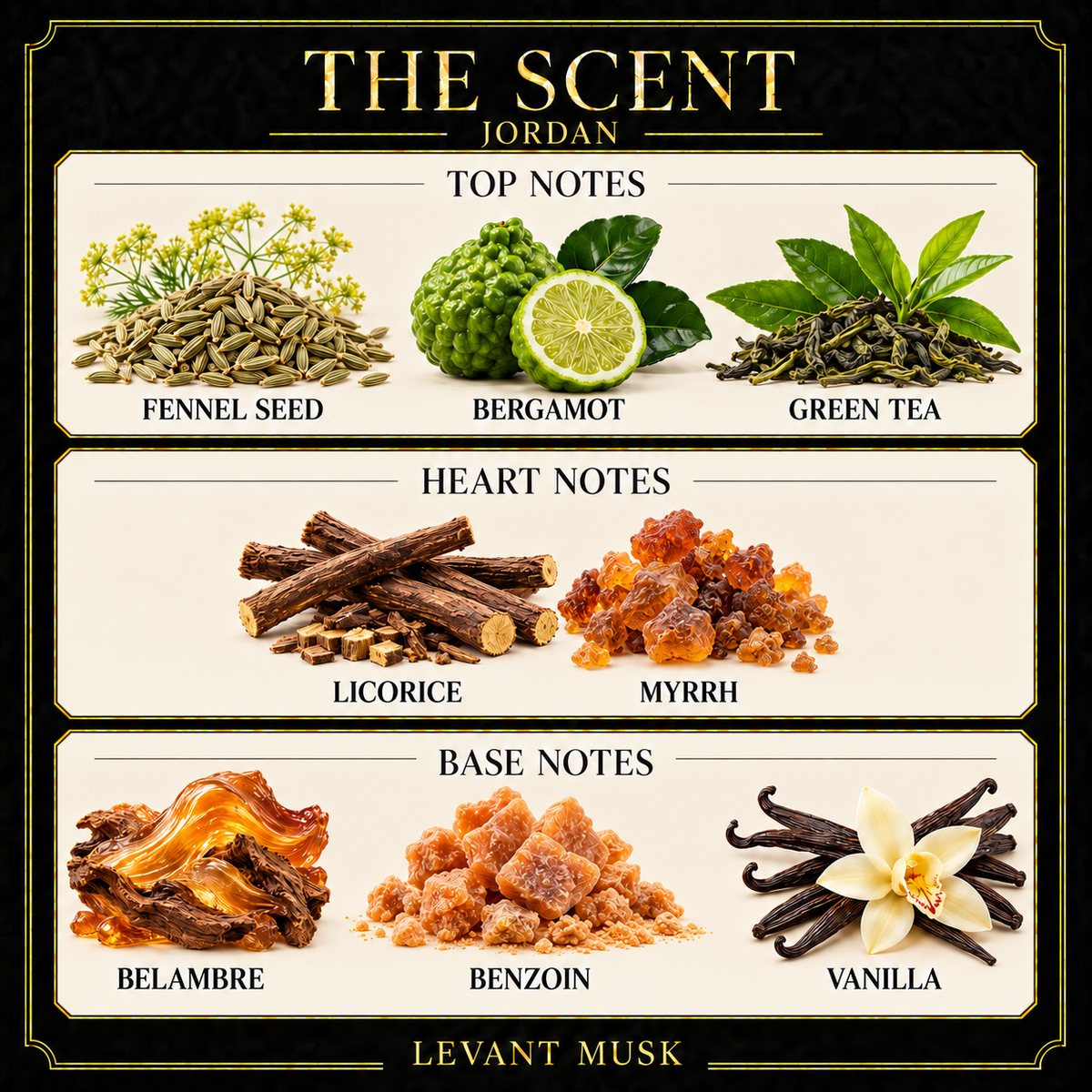 JORDAN scent notes. Top: Fennel seed; bergamot; green tea. Heart: Licorice; myrrh. Base: Belambre; benzoin; vanilla.