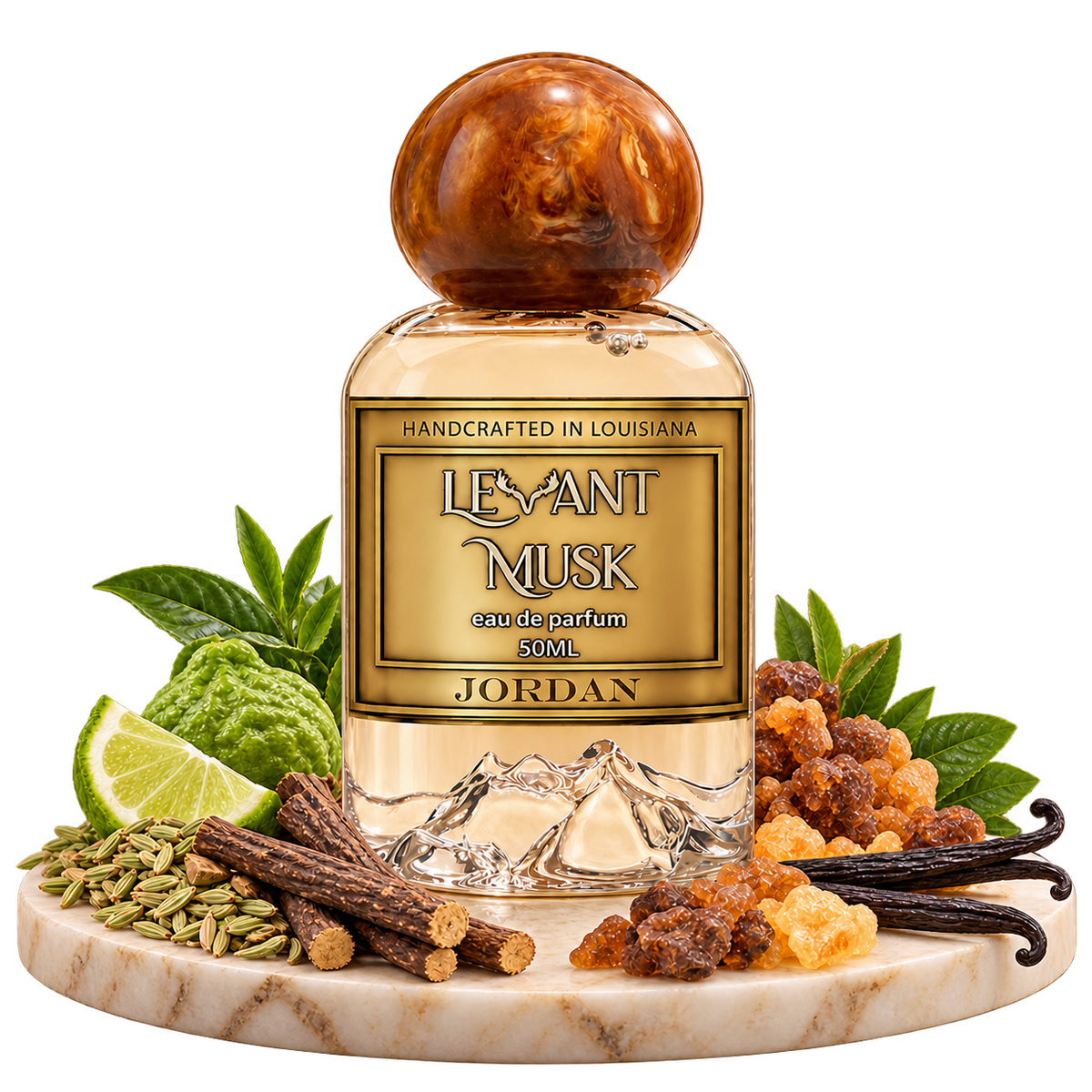 JORDAN by Levant Musk, bottle with Fennel seed, bergamot, green tea, Licorice, myrrh, Belambre, benzoin, vanilla scent illustrations on a transparent background.