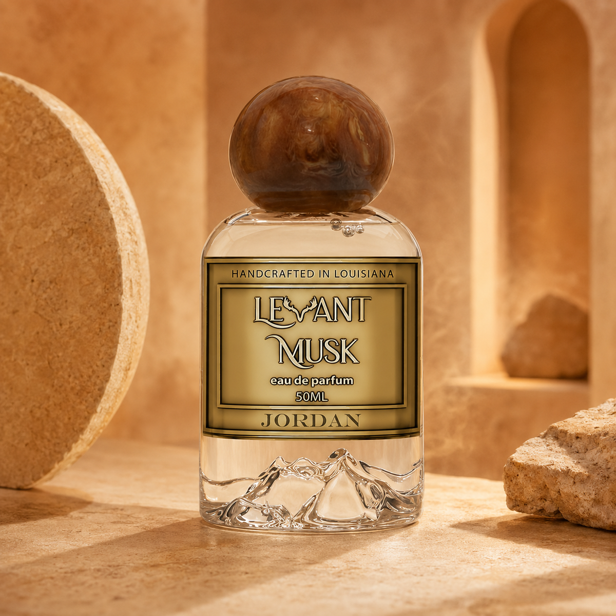 Levant Musk Jordan perfume bottle styled with notes of fennel seed, licorice, and belambre.