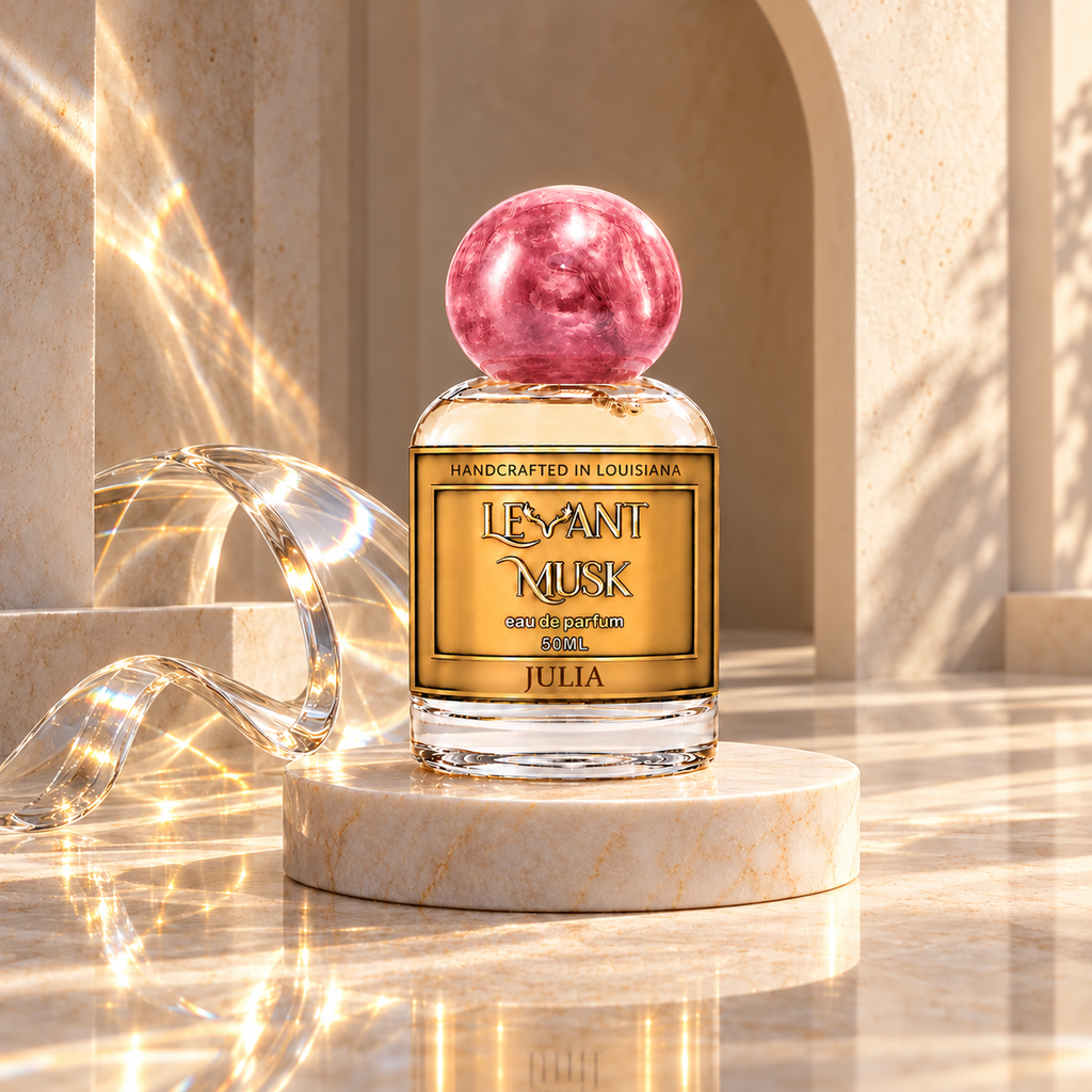 JULIA by Levant Musk, pink-cap 50 mL bottle in an atmospheric fragrance setting