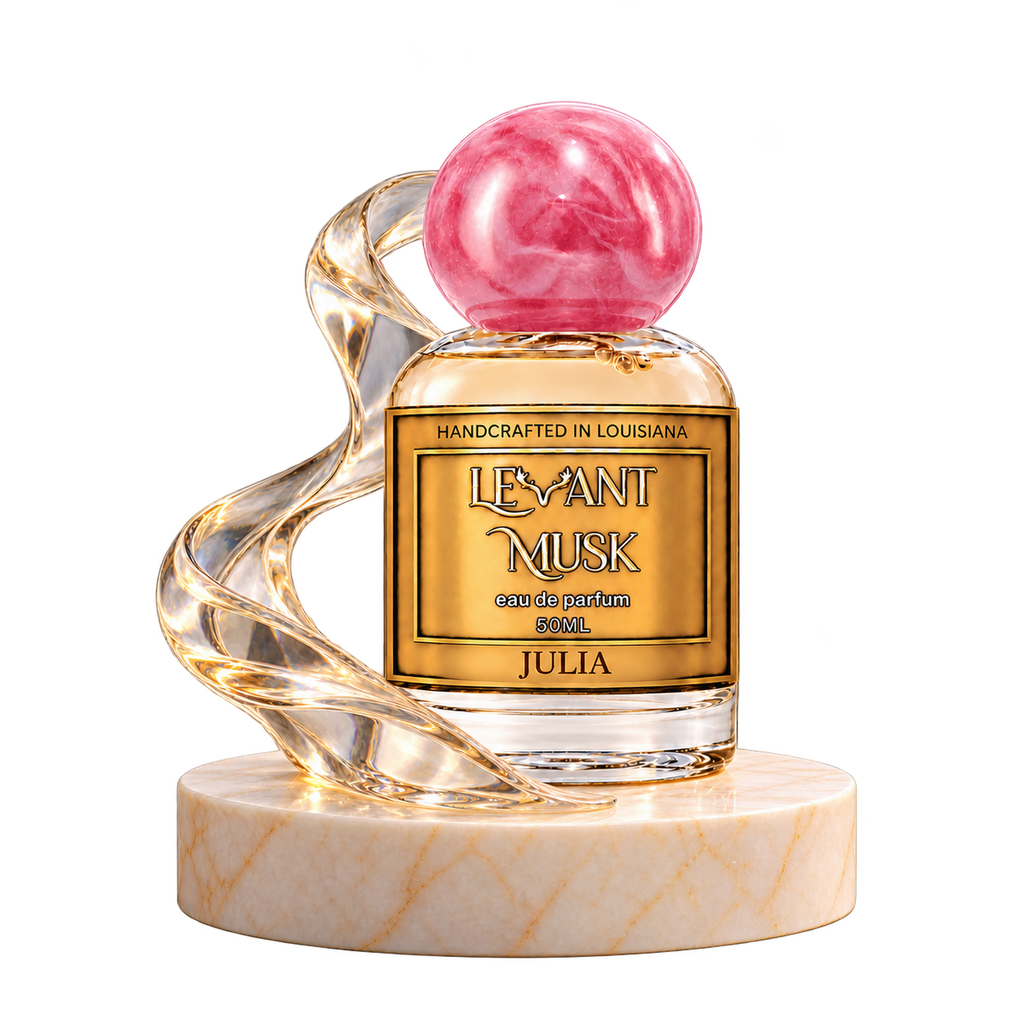 JULIA 50 mL Levant Musk bottle with fragrance-note props on a transparent background