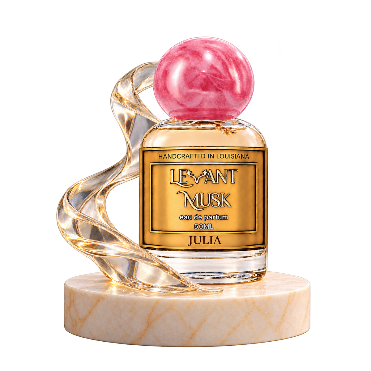 JULIA 50 mL Levant Musk bottle with fragrance-note props on a transparent background