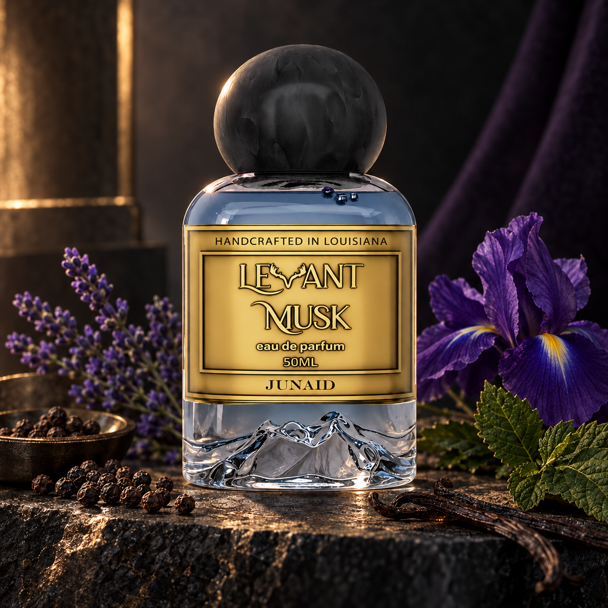 JUNAID by Levant Musk with pepper, lavender, orris, patchouli and black vanilla.