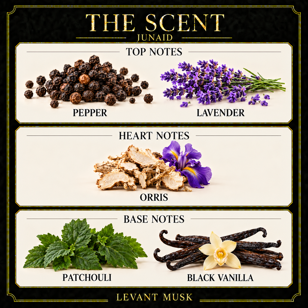 JUNAID scent notes: pepper and lavender; orris; patchouli and black vanilla.
