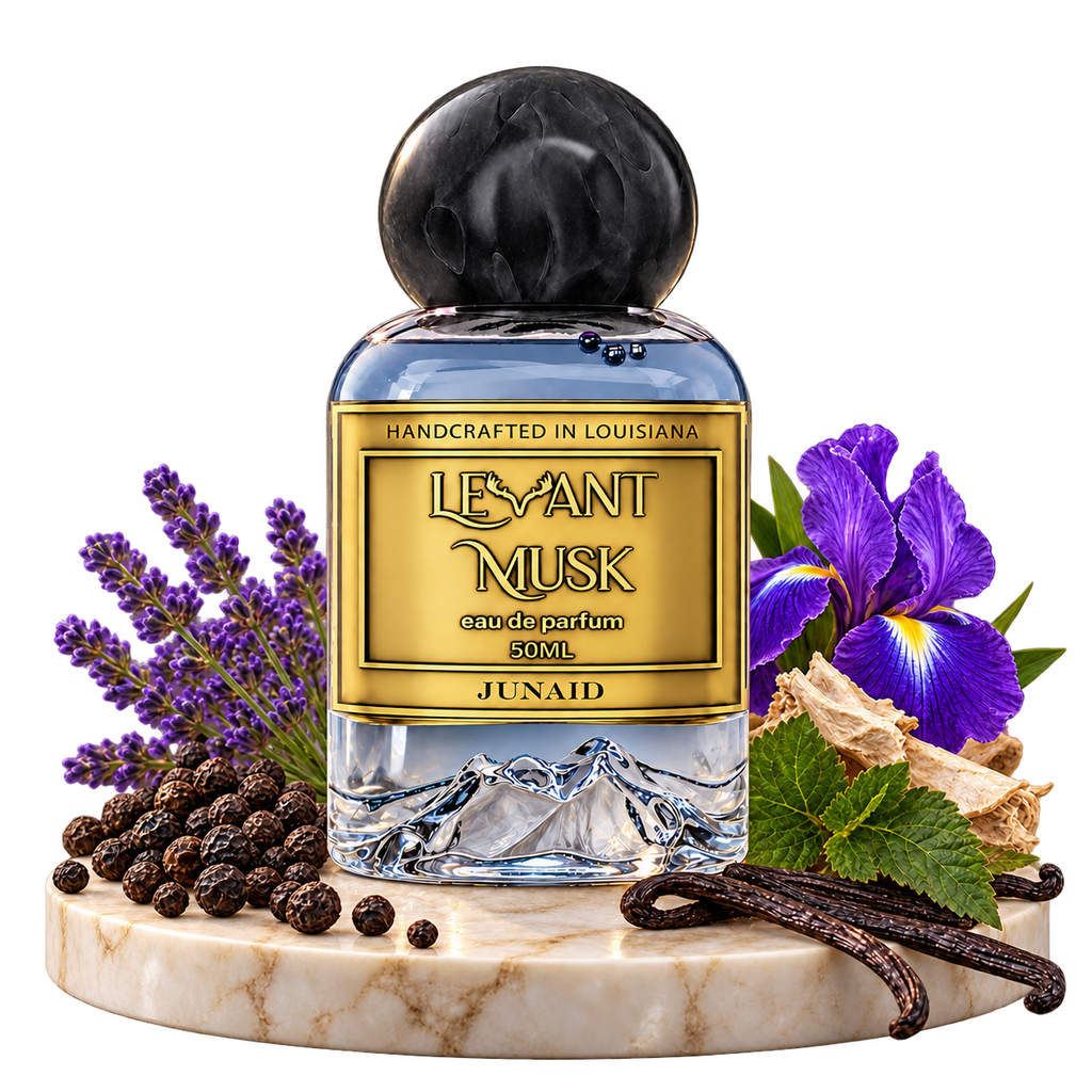 JUNAID by Levant Musk bottle with pepper, lavender, orris, patchouli and black vanilla on a transparent background.