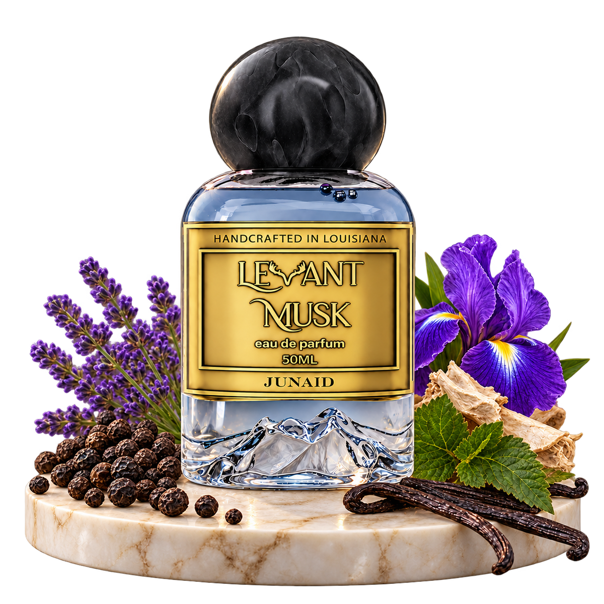 JUNAID by Levant Musk bottle with pepper, lavender, orris, patchouli and black vanilla on a transparent background.