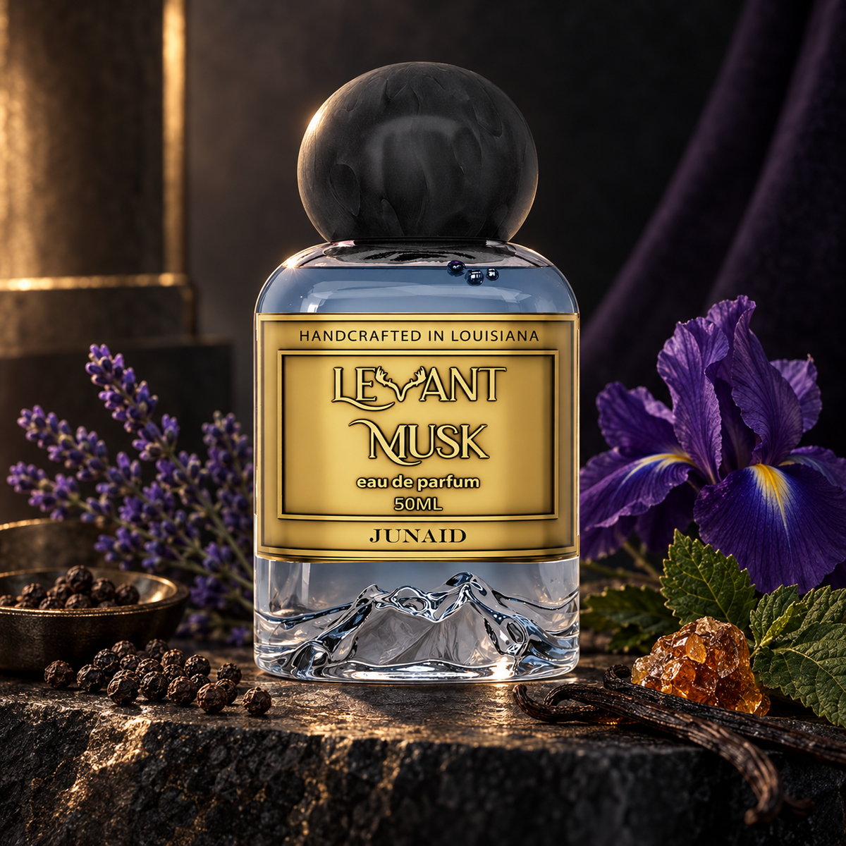 Levant Musk Junaid perfume bottle styled with notes of pepper, orris, and patchouli.
