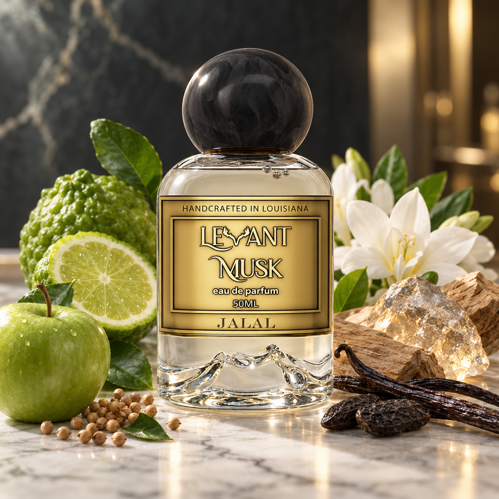 A 50ml bottle of Jalal Levant Musk Eau de Parfum, styled with its scent ingredients including a green apple, lime, bittersweet melon, white flowers, vanilla beans, and a crystal on a marble surface.