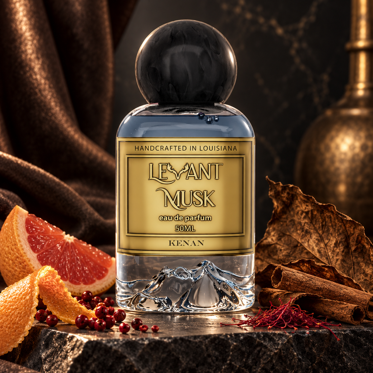 Levant Musk Kenan perfume bottle styled with notes of bergamot, cinnamon, and tobacco.