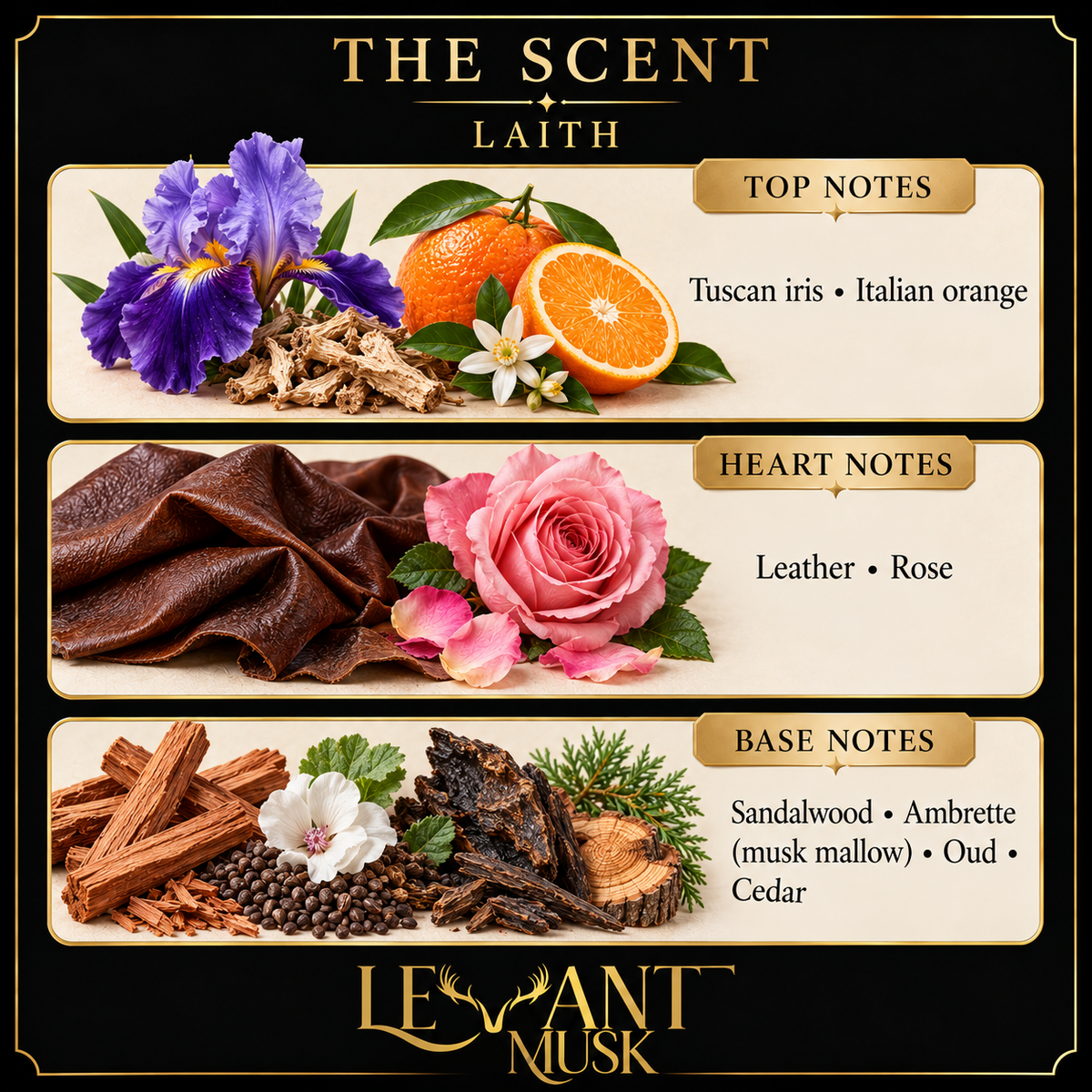 LAITH scent card. Top: Tuscan iris; Italian orange. Heart: Leather; Rose. Base: Sandalwood; Ambrette (musk mallow); Oud; Cedar.