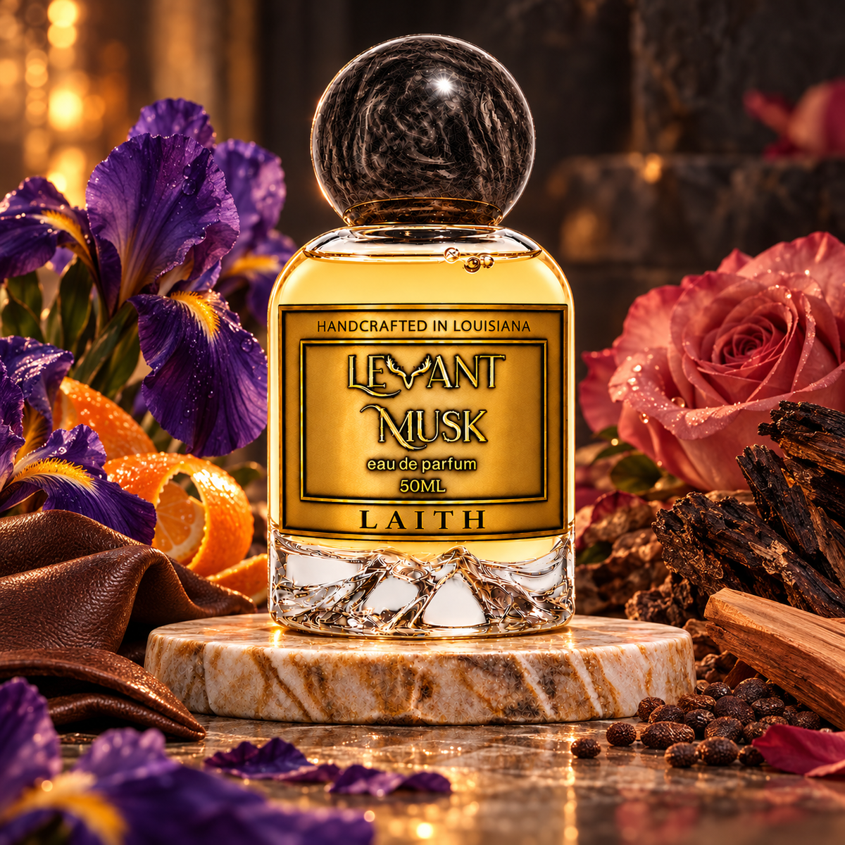 LAITH eau de parfum by Levant Musk on warm marble in an atmospheric setting with fragrance-note ingredients