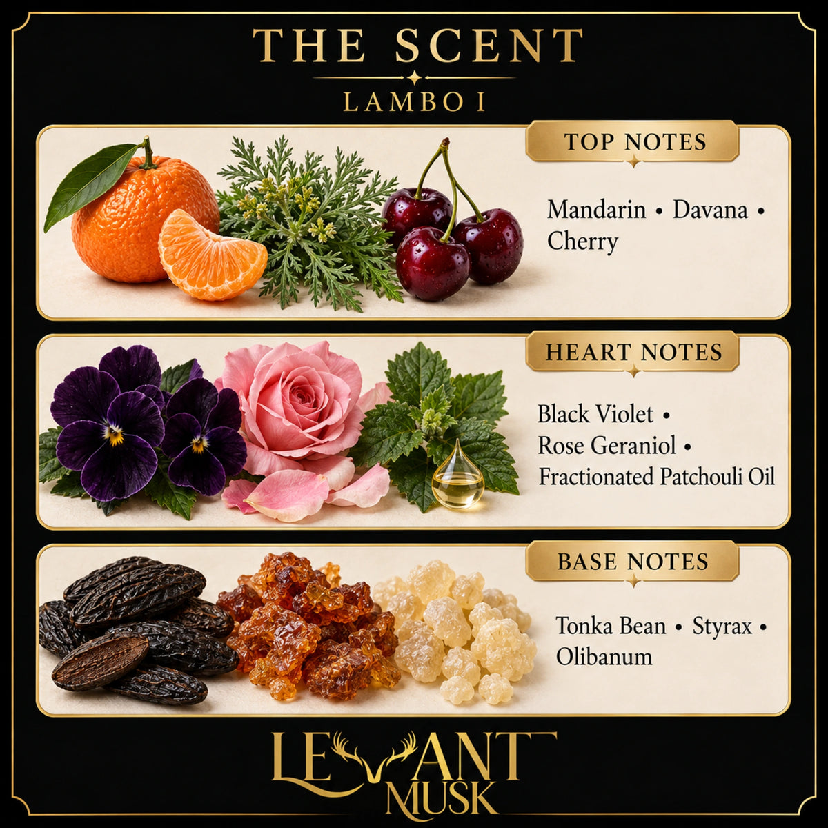 LAMBO I fragrance notes: mandarin, davana, cherry, black violet, rose geraniol, patchouli, tonka bean, styrax and olibanum