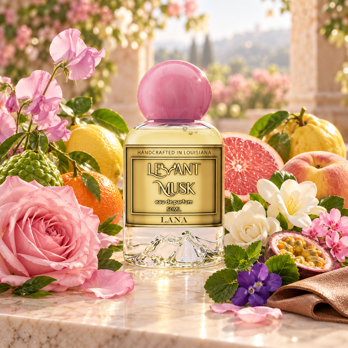 Levant Musk Lana perfume bottle styled with notes of sweet pea, quince, and damask rose.
