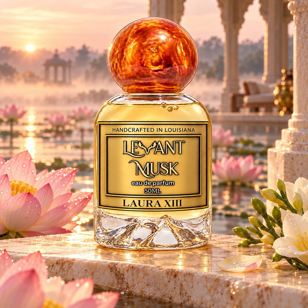 LAURA XIII Levant Musk eau de parfum in a cinematic scent-inspired setting.