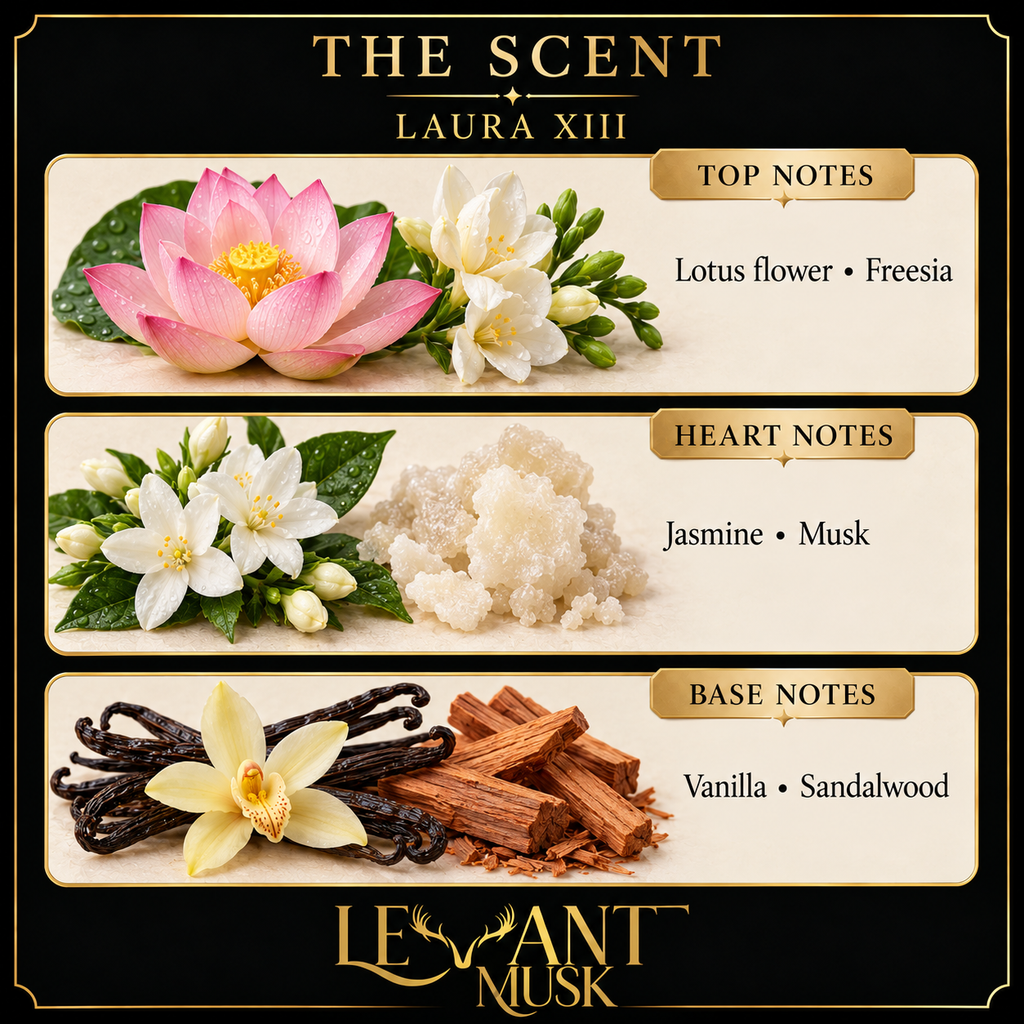 LAURA XIII scent notes. Top: Lotus flower; freesia. Heart: Jasmine; musk. Base: Vanilla; sandalwood.