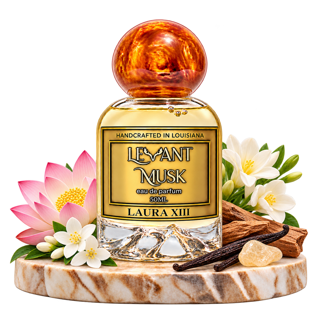 LAURA XIII by Levant Musk surrounded by selected scent-note illustrations, transparent background.