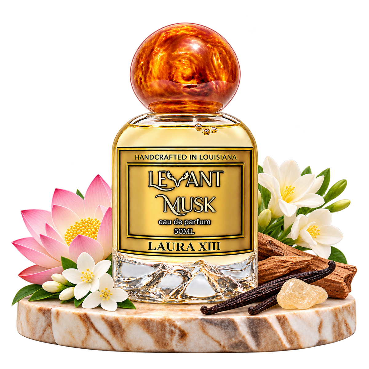 LAURA XIII by Levant Musk surrounded by selected scent-note illustrations, transparent background.