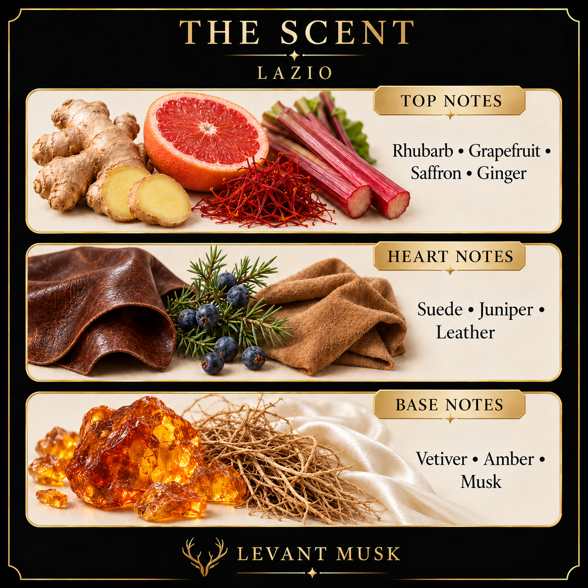 LAZIO fragrance notes: Rhubarb, Grapefruit, Saffron, Ginger; Suede, Juniper, Leather; Vetiver, Amber, Musk