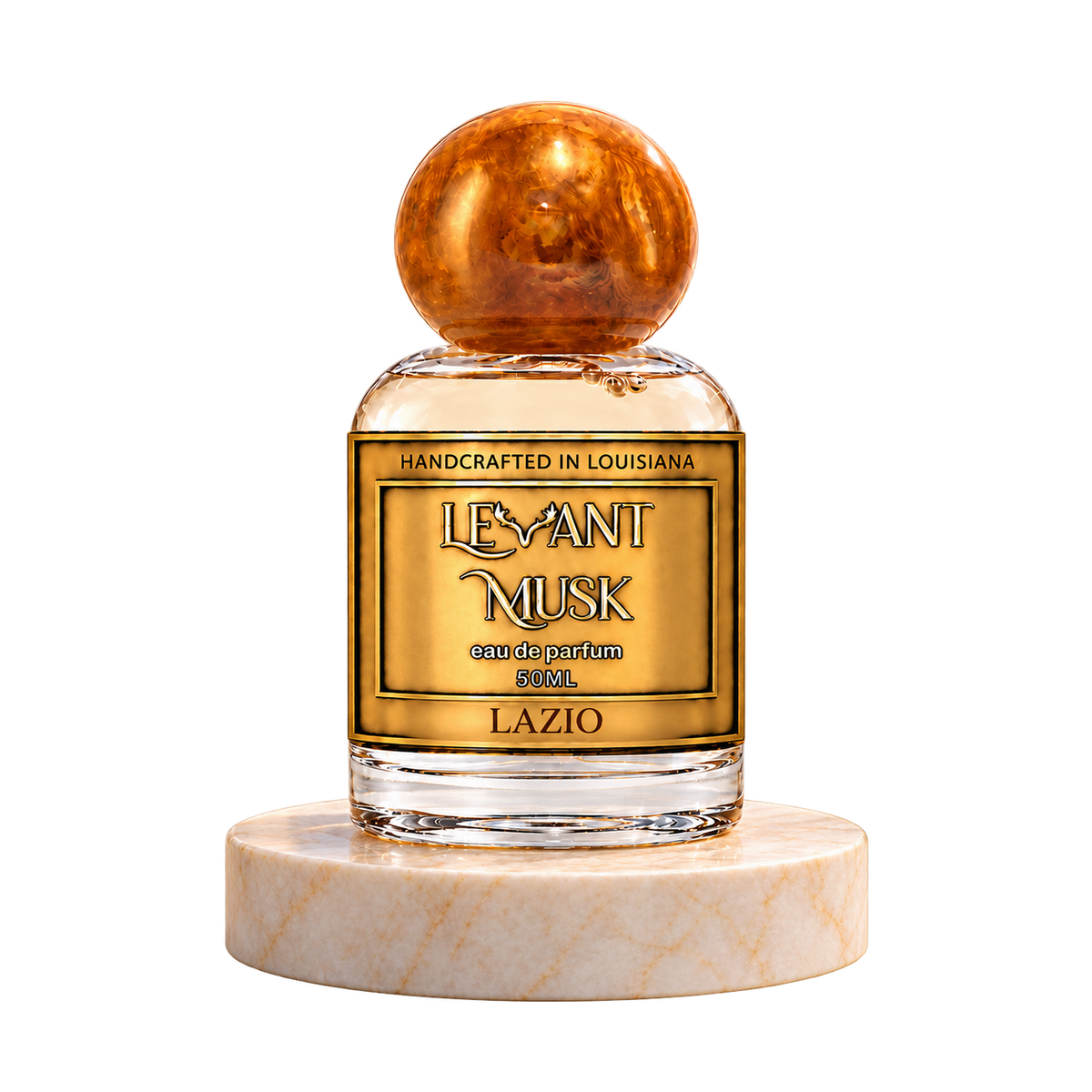 LAZIO 50 mL Levant Musk bottle with orange-gold cap on marble with transparent outer background