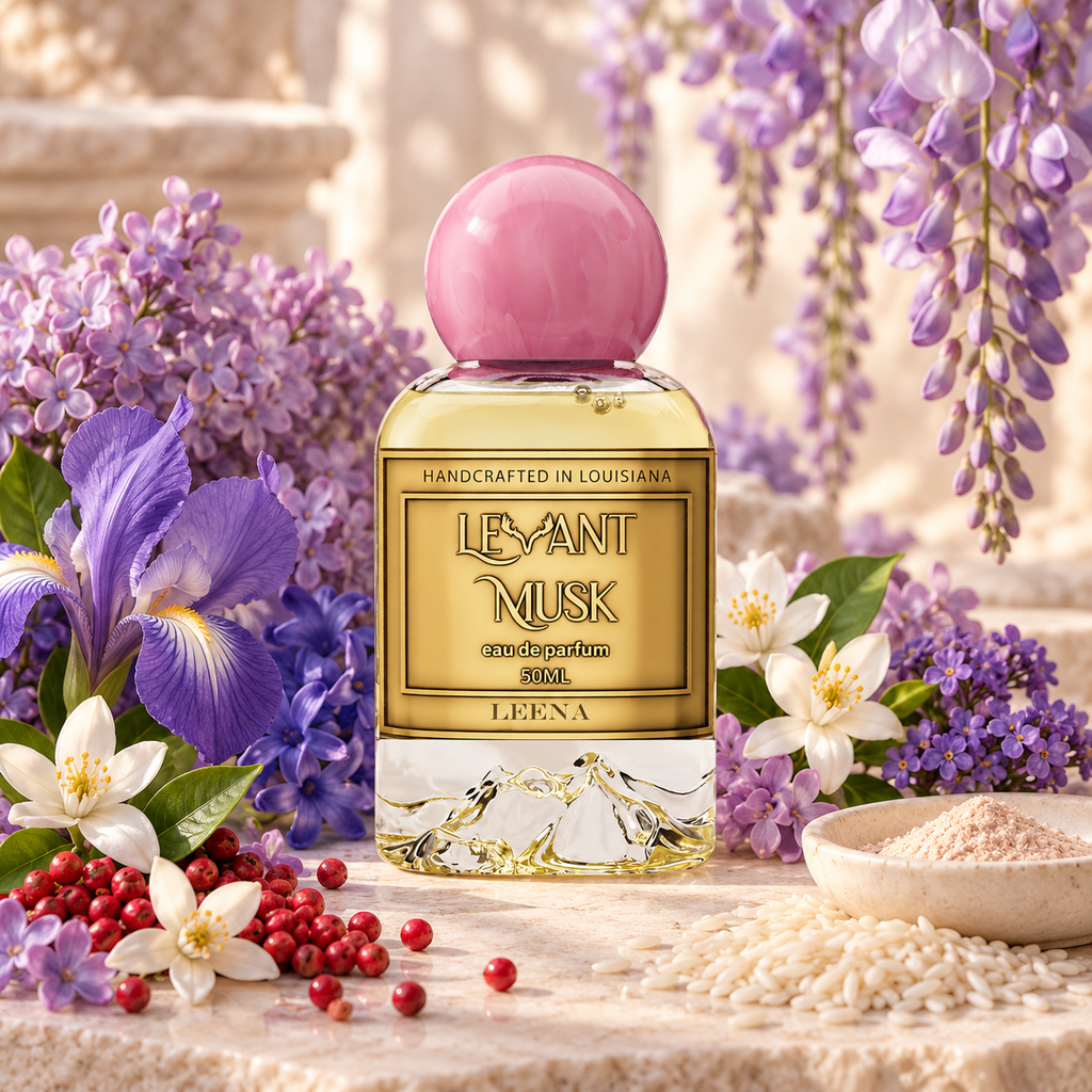 Levant Musk Leena perfume bottle styled with notes of pink pepper, iris, and powdery notes.
