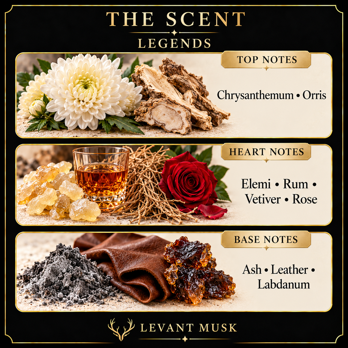 LEGENDS note pyramid: chrysanthemum and orris; elemi, rum, vetiver and rose; ash, leather and labdanum