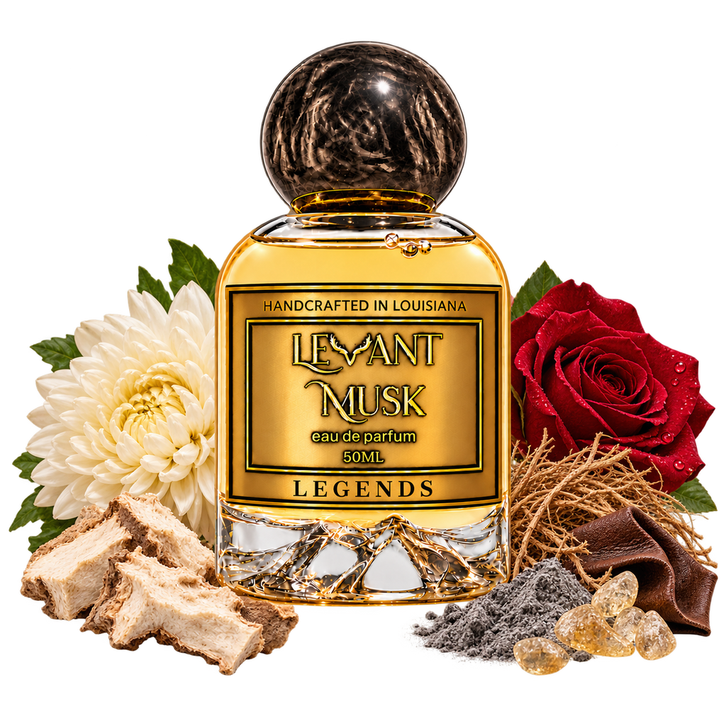 LEGENDS black-capped bottle with chrysanthemum, orris, rose, vetiver, leather, ash and resin on a transparent background