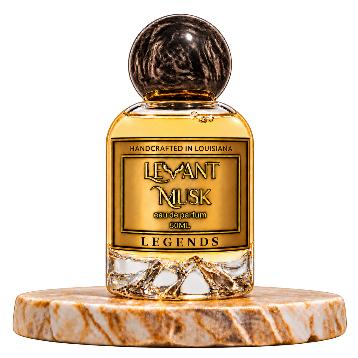 LEGENDS 50 mL eau de parfum with black cap on a marble display, transparent background