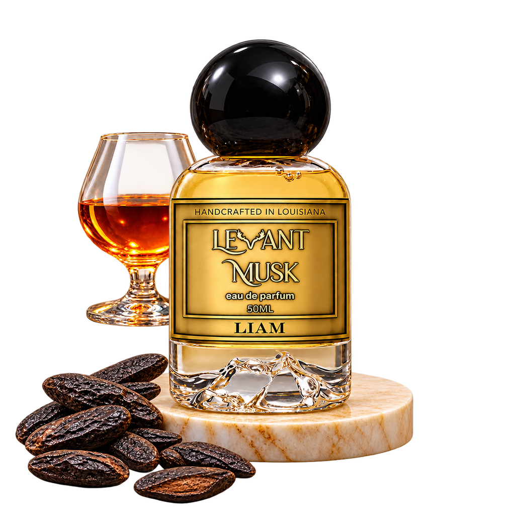 LIAM by Levant Musk bottle with notes on a transparent background: brandy and tonka bean.